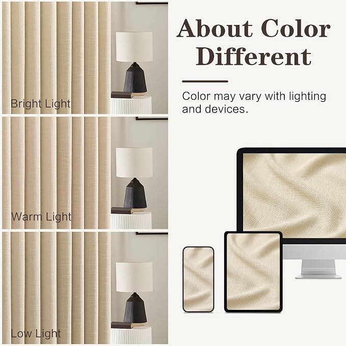 Pinch Pleated Linen Curtains 84 Inches Long for Living Room, Sand Beige Light Filtering Pleat Drapes Textured Thick Memory Trained Semi-Sheer Window Curtain with Hooks for Bedroom Farmhouse, 2 Panels