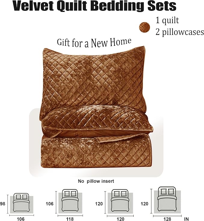 Velvet California King Quilt Size Set 106x118 Luxury Soft Bedspread Coverlet 3-Piece King Comforter Sets with 2 Pillow Shams 20x36 Super Cozy for All Seasons Velvet Bedding Set, Caramel