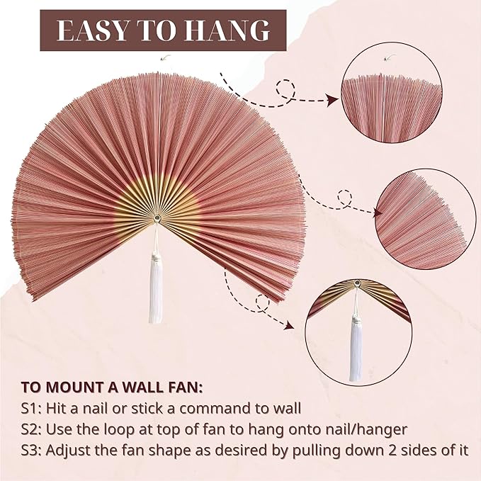 ChumDecor Fan Wall Decor,Japanese Chinese Wall Fans Decor, Boho Hanging Headboard,Decorative Folding Fan for Over Bed Decorations (Redpink, 40inch)