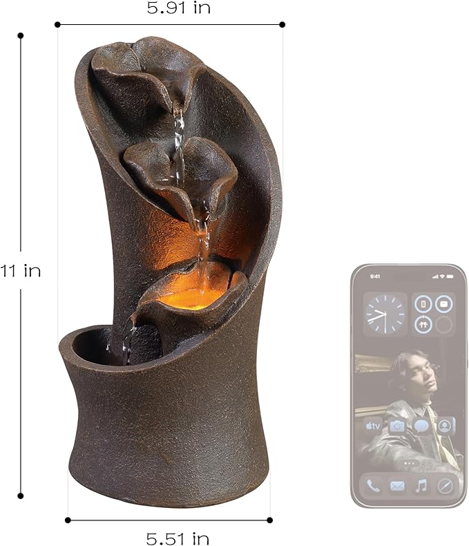 Kalona Tabletop Waterfall Fountain, 3-Tier Indoor Water Fountain for Home Office Decor, Relaxing LED Fountains with Artistic Stone-Look Design for Meditation (23005)