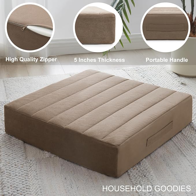 JKMAX 2 Pcs High Density Foam Floor Pillow - Upgraded Large Pillows Seating for Adults - Outdoor Floor Cushion with Soft Tufted Cover - Yoga Pillows for Sitting On Floor - 22 Inch Coffee