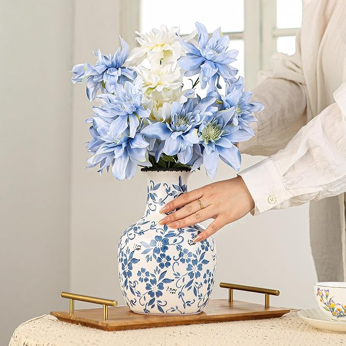 SURE YUESI Blue and White Flower Vase Vintage Chinoiserie Floral Ceramic Vase Handcrafted Round Flower Vase for Home Decor Centerpieces Living Room, Bookshelf, Office Rustic Table Centerpiece 9 in