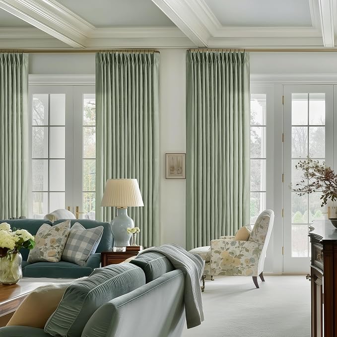 Green Linen Semi Sheer Curtains 90 Inches Long for Living Room Bedroom Light Filtering Sage Green Textured Burlap Pinch Pleated Curtains 90 Length Hooks Rings Back Tab for Sliding Door 2 Panels