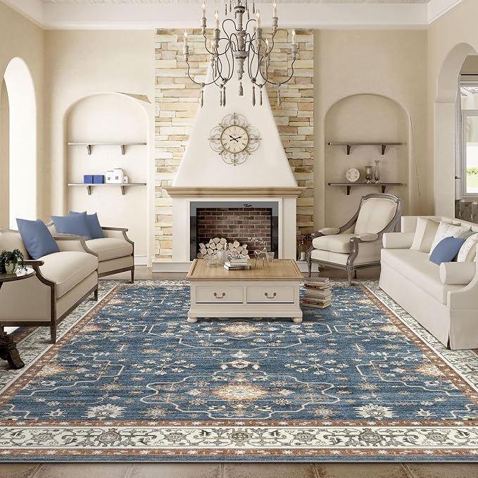 10x12 Area Rug for Living Room- Machine Washable Soft Oriental Vintage Large Indoor Floor Carpet for Bedroom Under Dining Table Home Office Decor - Dark Blue