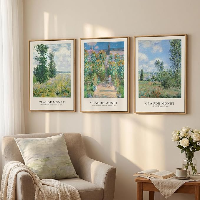 3 Piece Framed Monet Landscape Wall Art for Living Room, Vintage Impressionist Nature Canvas Prints Painting, Classic Tree Picture Artwork Decor for Bedroom Hallway 16x24 Inch