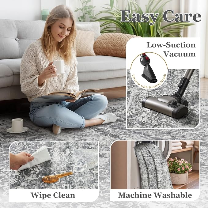 Grey Neutral Area Rug 6x9, Vintage Gray Rugs for Living Room Bedroom, Washable Non Slip Low Pile Thin Carpet Rug for Dining Room Guest Room Home Office