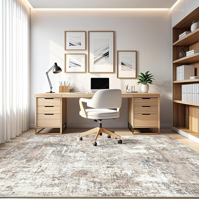 8x12 Area Rug Living Room: Washable Large Abstract Modern Soft Rugs Stain Resistant Indoor Floor Non-Slip Accent Carpet for Bedroom Nursery Playroom Office Dining Room Home House- Brown