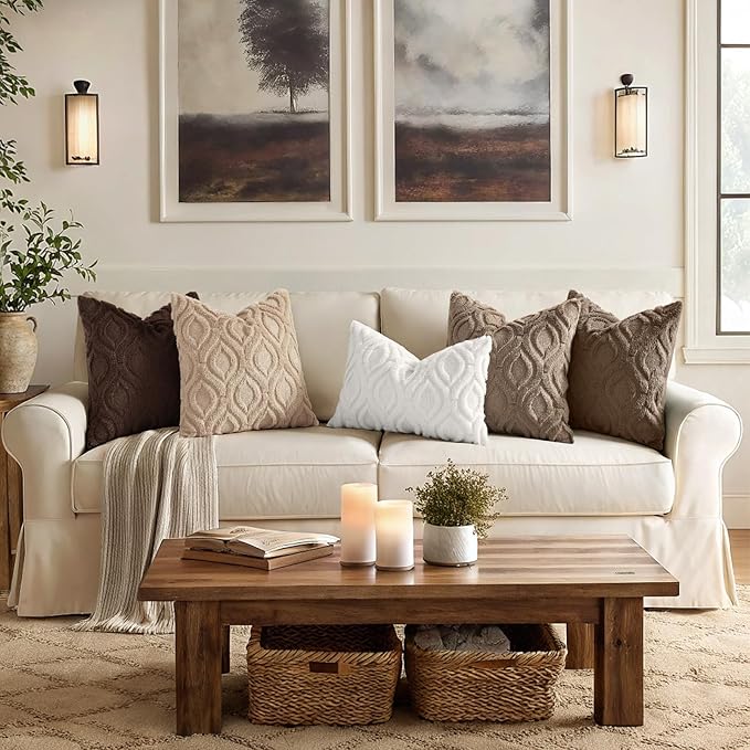 decorUhome Throw Pillow Covers 20x20 Inch Set of 2, Soft Plush Faux Wool Light Brown Solid Couch Pillow Covers, Accent Farmhouse Neutral Square Pillow Cases for Sofa Bed Living Room