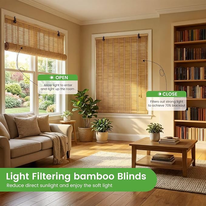 Bamboo Blinds, Easy to Install Bamboo Shades for Indoor Windows, Custom Sizes Roller Shades for Indoor Windows, Roll Up Blinds Indoor Outdoor Patio