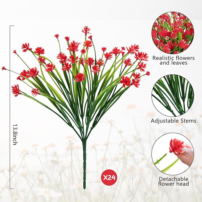 Ouddy Decor 24 Bundles Artificial Flowers for Outdoors UV Resistant Fake Plastic Plants Faux Greenery Stems for Spring Summer Indoor Garden Patio Window Box Kitchen Home Decor, Red