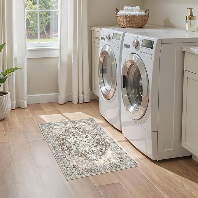Tortania Area Rug 2x3 Doormat - Washable Vintage Oriental Farmhouse Soft Thin Indoor Carpet for Living Room Bedroom Hallway Entryway Kitchen - Brown Blue