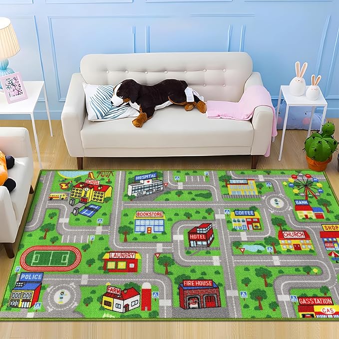 Capslpad Green Car Road Kid Rug Carpet Playmat for Playoom Traffic Road Kids Play Mat for Toddler Non Slip Washable City Map Race Track Carpet Rug for Kids Room Bedroom Nursery Room Decor,5'x2.7'