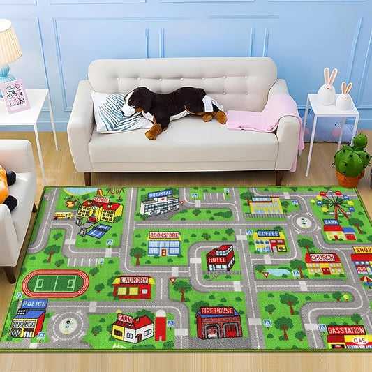 Capslpad Green Car Road Kid Rug Carpet Playmat for Playoom Traffic Road Kids Play Mat for Toddler Non Slip Washable City Map Race Track Carpet Rug for Kids Room Bedroom Nursery Room Decor,5'x2.7'