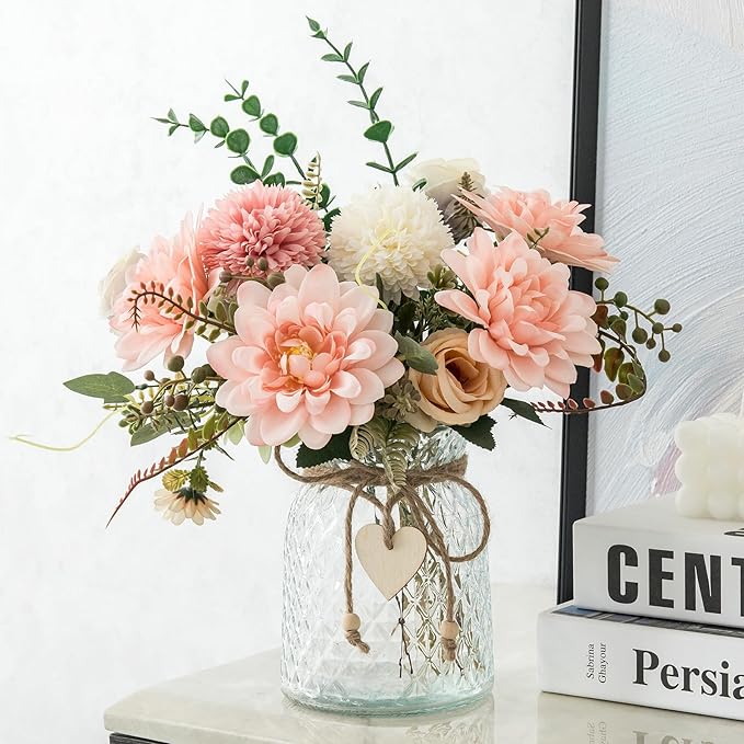 3 Pack Set Fake Flowers With Vase, Faux Silk Pink Dahlia Artificial Flowers for Home Decor, Coffee Table, Living Room, Bathroom Plant Decor