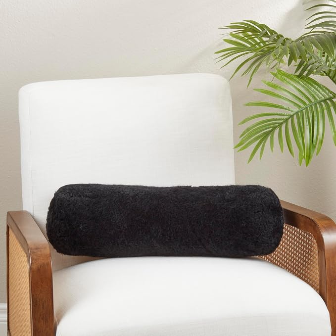 SARO LIFESTYLE Luxurious New Zealand Sheepskin Bolster Pillow with Soft Poly Fill, 6"x20", Black