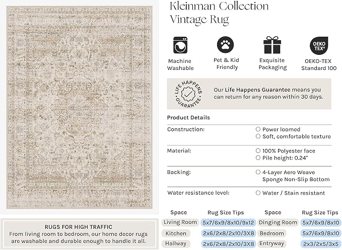 9x12 Washable Area Rug Beige Vintage Non Slip Soft Low Pile Rug for Living Room Bedroom Dining Room Office Distressed Oriental Indoor Large Throw Carpet for Home Decor