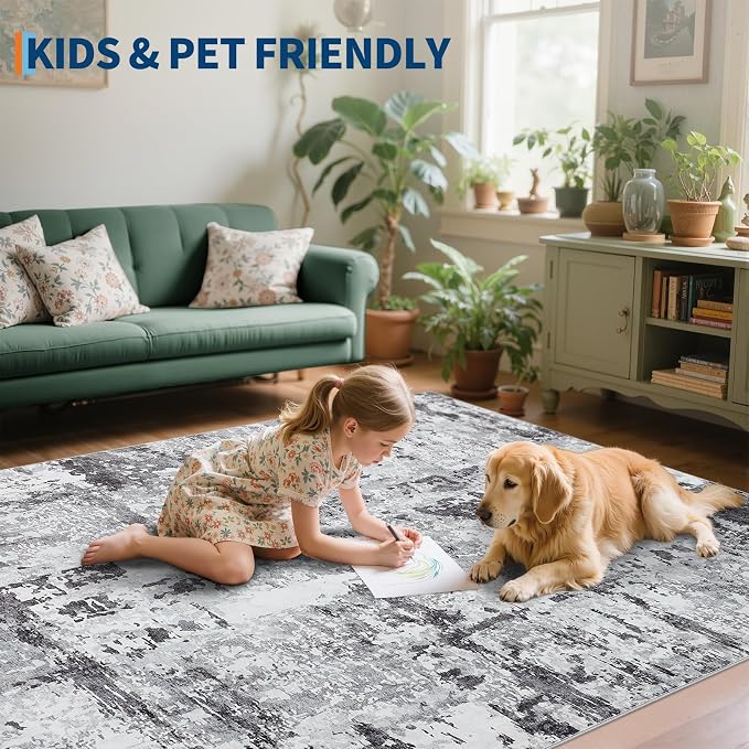 GarveeHome 5x7 Abstract Area Rug for Living Room Bedroom, Modern Washable Rugs Soft Low Pile Non Slip Accent Floor Mat Dark Grey Throw Rug Indoor Carpet Dining Room Playroom