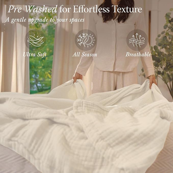 Threadmill Summer Muslin Twin Blanket | 4 Layer 100% Cotton Gauze Blanket | Pre Washed, Soft and Breathable Muslin Throw Blanket | Ideal for All Seasons | Lightweight Picnic Blanket| Natural