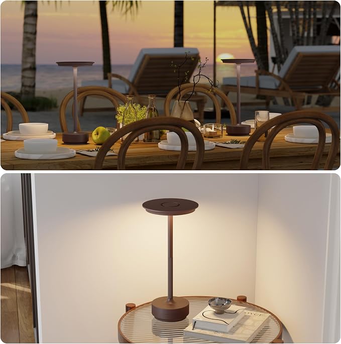 TBBGA 1 Pack Rechargeable Table Lamps Cordless, Portable 5000mAh Outdoor Table Light, 3 Color Stepless Dimming LED Table Lamp with Memory Function, for Home/Dinner/Patio/Restaurant.(Rust)