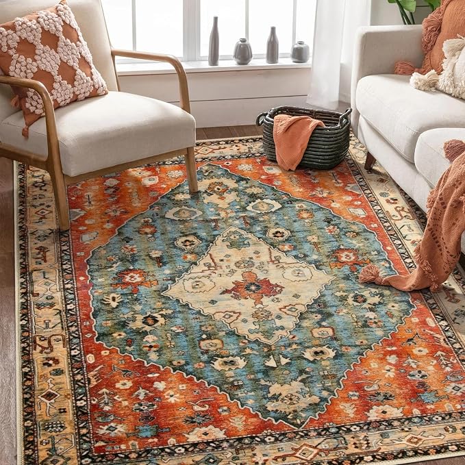 SERISSA 5x7 Boho Tribal Area Rug, Washable Large Rugs for Living Room, Ultra Soft Non-Slip Bedroom Rug Print Distressed Vintage Farmhouse Carpet Rug for Dining Room Dorm Office Home Decor