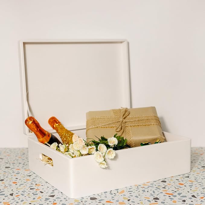 Creative Deco XL White Wooden Box Storage with Hinged Lid | 15.8x11.8x5.5in (+-0.5) | Keepsake with Handles | Gift Box for Tool Dog Toy Kitchen Storage | Wood Chest Trunk