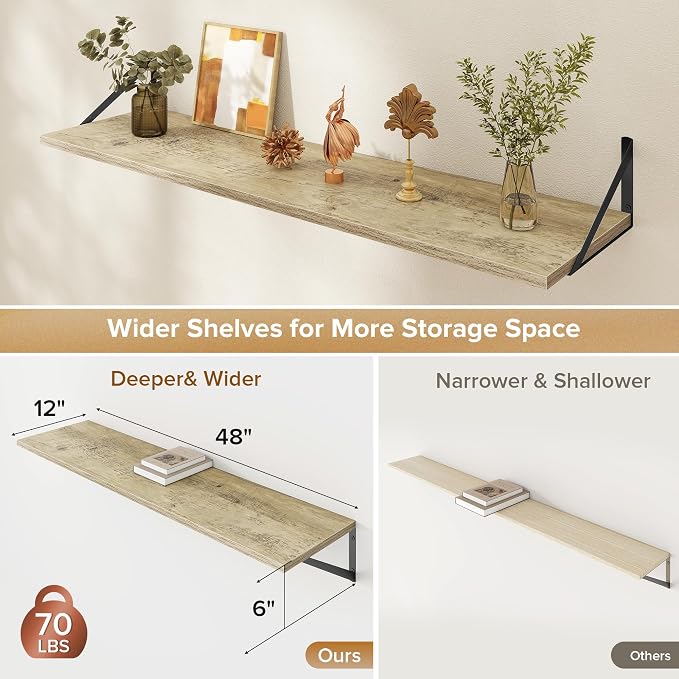 Acovy Deep Floating Shelves Wall Mounted, 48"x12" Gray Wall Shelves with Brackets Set of 2 for Bedroom, Living Room, Bathroom, Kitchen, Office - Storage & Display Shelf for Decor, Books, Plants