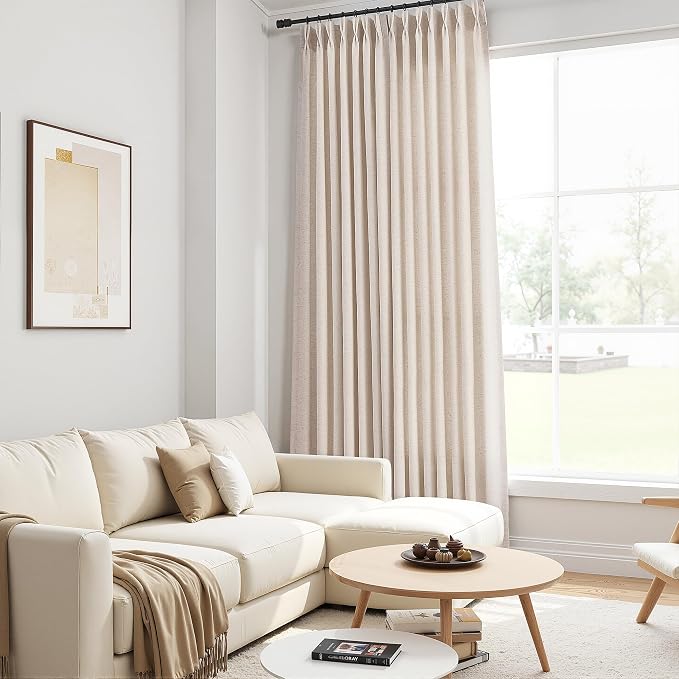 Guken Cream Beige Pinch Pleated Linen Curtains 84 Inches Long 2 Panels Set Modern Farmhouse Boho Window Curtain for Living Room Bedroom Semi Sheer Back Tab Draps with Hooks Rings Aesthetic Decor
