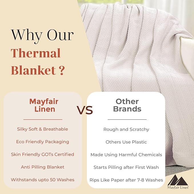 Mayfair Linen Cotton Throw Blankets for Bed Queen Size - Herringbone Pattern Soft Cotton Blanket (1 PC, White), Breathable, Soft & Cozy Thermal All Season Throw for Bed Couch Chair Outdoors