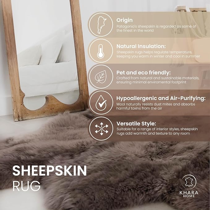 Premium Octo 100% Genuine Sheepskin Area Rug Long Hair (6x6 Ft) – Natural Soft & Fluffy Lambskin Rug for Bedroom or Living Room – Made in Argentina (Grey)