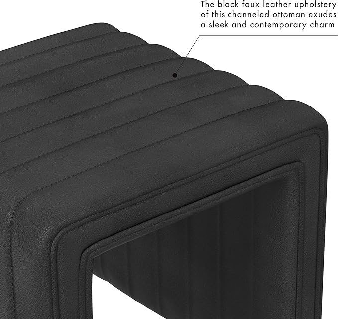 HomePop Modern Channel Tufted Faux Leather Ottoman|Homepop Home Décor|Ottoman for Living Room & Bedroom - Black Faux Leather