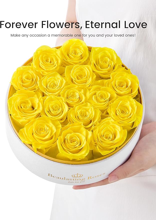 16 Preserved Roses Forever Flowers Real Roses in a Box Mother's Day Birthday Flowers for Her Mom Women Wife Valentine's Day, Yellow Roses