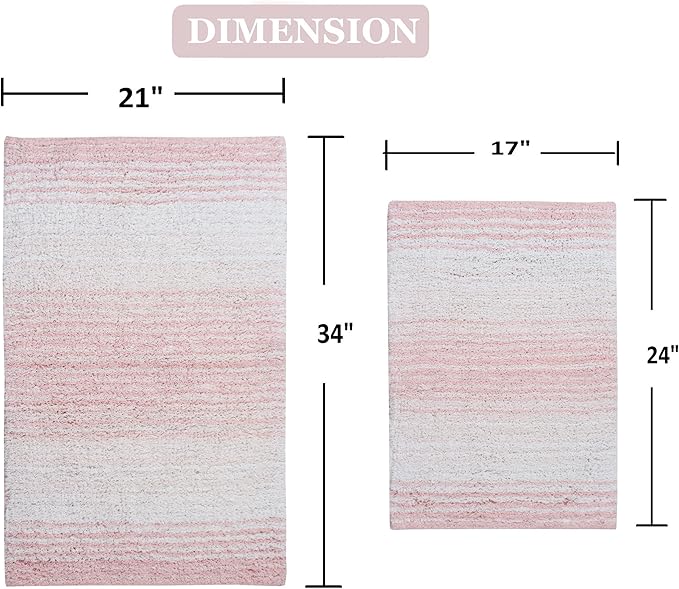 Home Weavers 100% Cotton Gradiation Collection Bathroom Décor | Washable Rug | Bathroom Mat | Kitchen Mat | Bathroom Rug Set | Bath Mat Set | Bath Floor Mat Non Slip, 2 Piece Set(S+M), Pink
