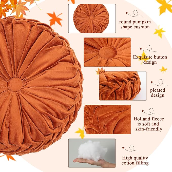 Drydiet 4 Pcs Round Throw Velvet Pillows Decorative Pleated Throw Pillows Diameter Accent Pumpkin Boho Chair Cushion for Couch Sofa Home Decoration (Fall Color,15'')