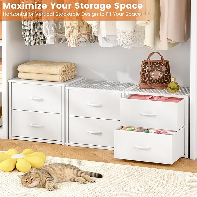 DAOUTIME 3-Pack Stackable Storage Drawers (6 Drawers Total), White Closet Organizer for Clothes, Stackable Drawer Dresser for Closet, Stackable Drawers for Bedroom, Living Room, Pantry, Under Bed
