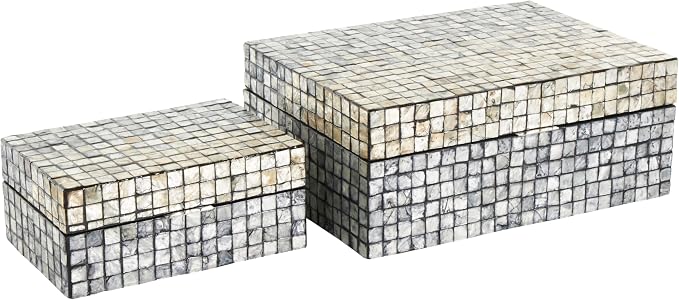 Deco 79 Mother of Pearl Shell Geometric Handmade Decorative Box Square Mosaic Storage Decorative Keepsake Box with Beige Accents, Set of 2 Storage Box 12", 8"W, Gray