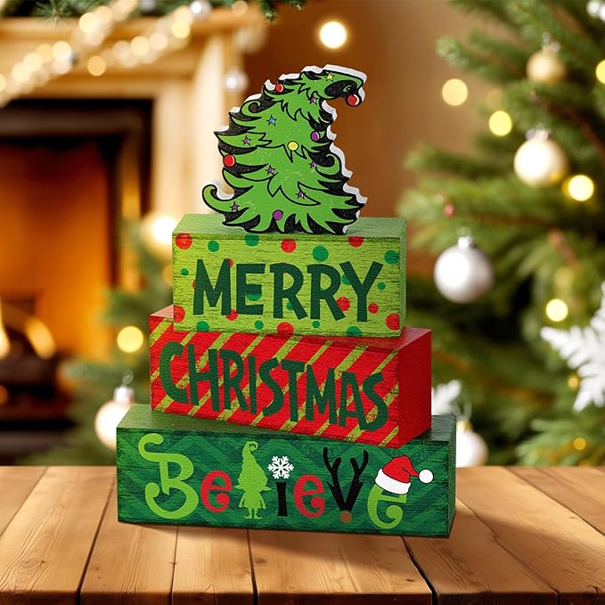 Marsui 4 Pcs Merry Christmas Table Decor Green Red Xmas Tiered Tray Decor Rustic Xmas Tree Believe Holiday Wood Sign Block Farmhouse Christmas Centerpiece for Tables Home Office Desk Shelf Gifts