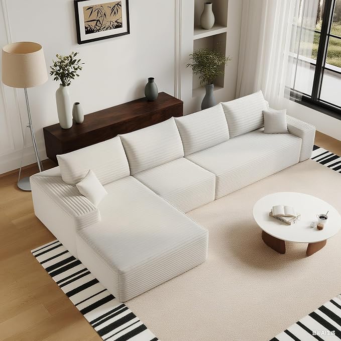 135" Corduroy Couch Sectional with Chaise, L Shape Boneless Cloud Couches for Living Room Bedroom, Modular Corner Couch, Fluffy Deep Seat Compression Sofa, Left Facing Chaise, No Assembly, White