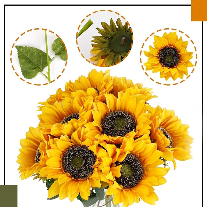 CEWOR 10pcs Sunflowers Artificial Flowers with Long Stem Fake Sunflowers Bulk Fall Decoration for Wedding Home Birthday Party Outdoor Indoor Decor