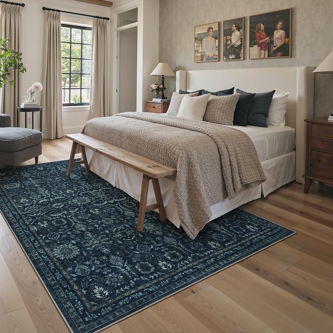 Lahome Navy Blue Rug 5x7, Boho Dark Washable Rugs for Living Bedroom Room | Vintage Carpet for Office, Rubber Backed Non Slip Carpets for Dorm Dining Room Apartment