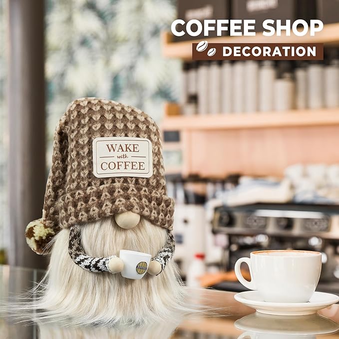 Coffee Gnome - Cute Plush Gnome Holding Cup, Handmade Bar Decor & Accessories, Gift for Coffee Lovers, Swedish Tomte Elf Dwarf for Station, Kitchen, Valentine, Christmas & Home Decorations