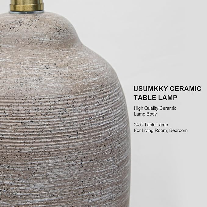 USumkky 24.5" Handcrafted Ceramic Table Lamp with 5FT Cord, Single Farmhouse Vintage Rustic Bedside Lighting for Living Room Bedroom Entryway Linen Shade Nightstand End Table Decor (Bulb Not Included)