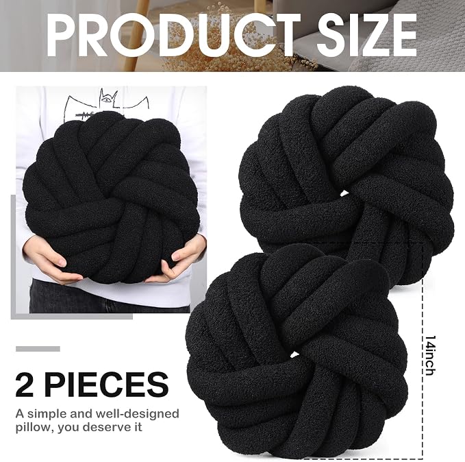 Marsui 2 Pieces Knot Ball Pillows 14 x 14 Inch Decorative Pillow for Couch Bedroom Plush Throw Knot Pillow Soft Handmade Chair Cushion for Living Room Car Decorations (Black)
