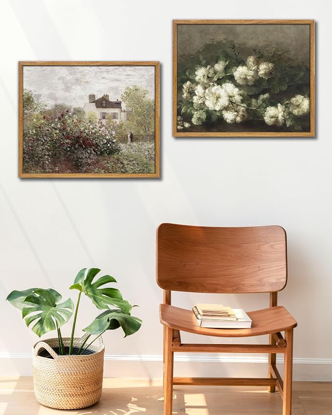 UPWOIGH White Floral Framed Still Life Wall Art, 16 x 24 Inch | Cream White Blooms and Dark Green Leaves, Vintage Moody Oil Painting Style, Warm Wood Frame for Living Room and Bedroom
