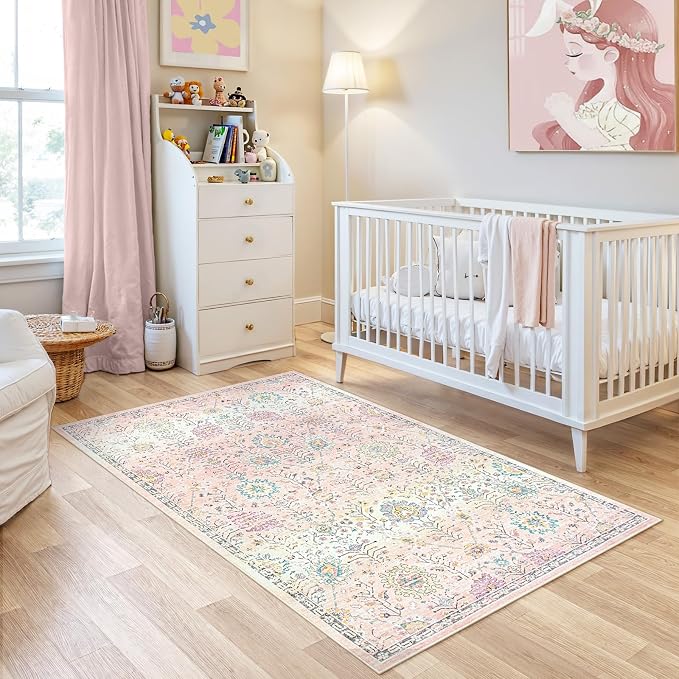 Lahome Girls Bedroom Pink Rug 3x5, Soft Washable Floral Area Rug with Non Slip Backing, Small Light Pink Carpet for Dorm Room, Nursery and Kids Room