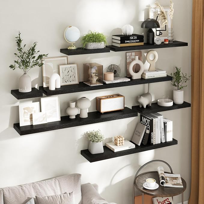 24 Inch Floating Shelves for Wall Set of 2, 8"D Wood Grain Bathroom Shelves with Invisible Brackets, Easy Install Engineered Wood Storage Shelves for Kitchen, Living Room, Bedroom, Black Finish