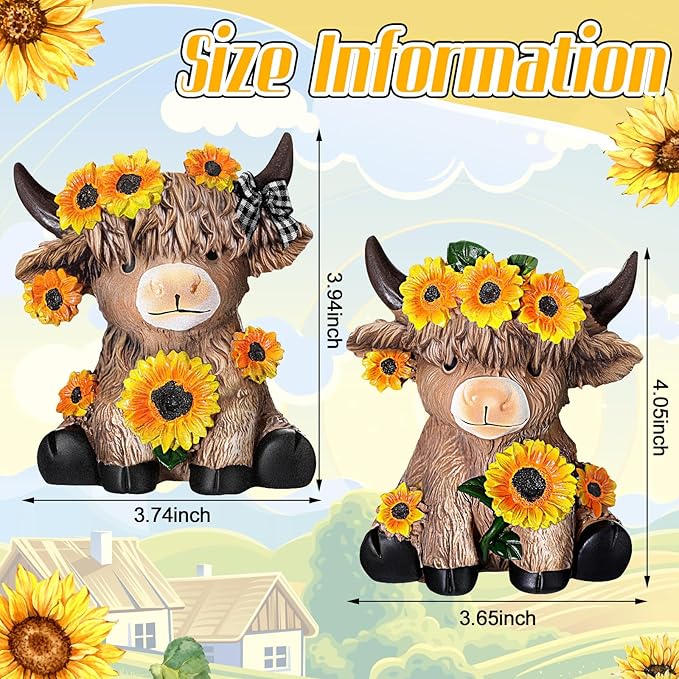 Wesiti 2 Pcs Mother's Day Sunflower Highland Cow Figurines Gifts for Mom, Cute Spring Highland Cow Statue Farmhouse Desk Decorations Resin Gnomes Scottish for Home Garden Kitchen Office Decor