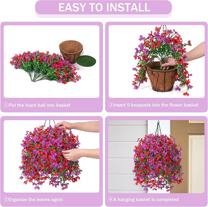 INXUGAO Artificial Hanging Flowers Plants with Basket for Outdoors, Realistic Faux Silk Daisy Flower Eucalyptus for Spring Decor, UV Resistant Fake Plants for Porch Patio Yard Balcony, Red Purple