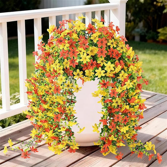 Artificial Fake Hanging Flowers Plants for Outdoor Spring Summer Decoration,2 PCS Faux Silk Daisy with Eucalyptus Leaves,UV Resistant Look Real for Outside Home Planter Porch Patio Balcony Yard Decor