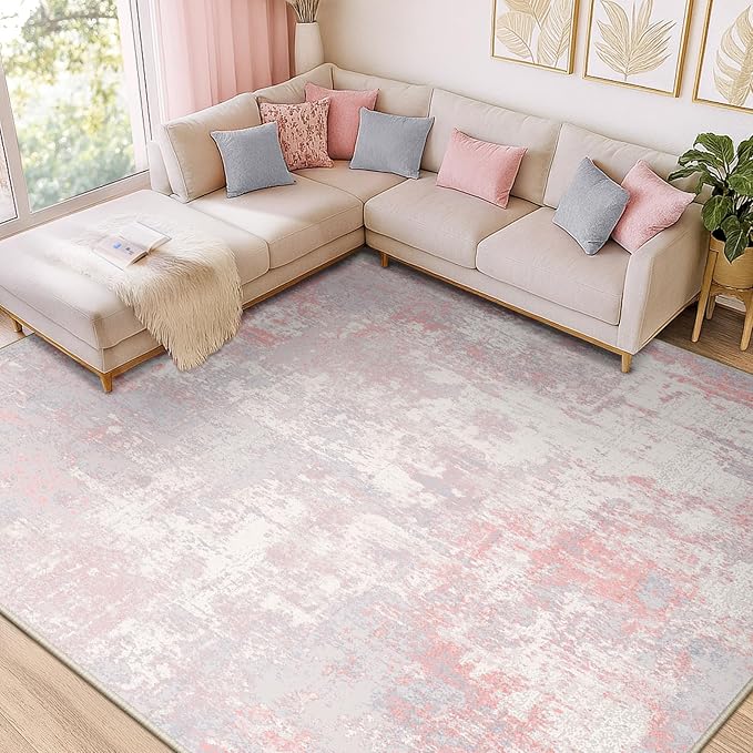 RELEANY Washable Area Rugs 9'x12' Non-Slip Modern Abstract Soft for Living Room Entryway Bedroom Nursery, Print Pattern, Grey Pink