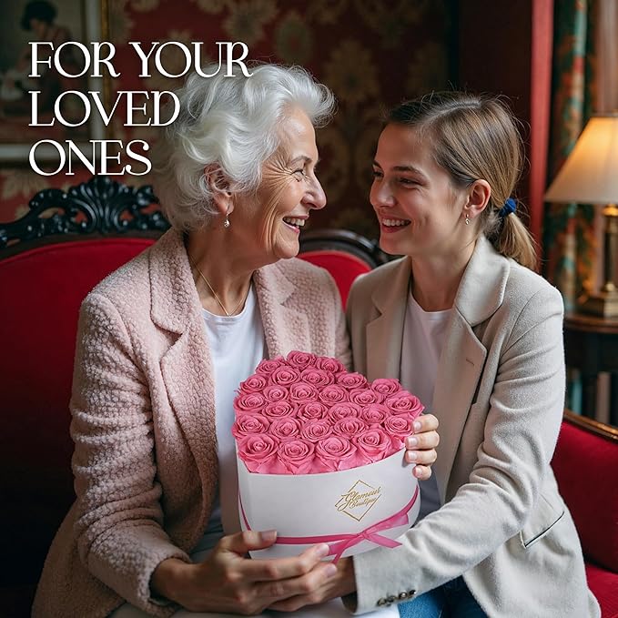 GLAMOUR BOUTIQUE Preserved Roses in a Box - Gifts for Her, Wife & Mom, Rose Flowers Forever Decor for Birthday Gift, Get Well Flower Bouquet Cased in White Box with Cover - Pink - 27 (Color-Treated)